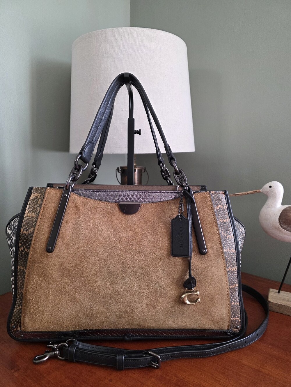 Coach Dreamer 36 37130 Colorblock Tan Suede Leather Snakeskin Satchel Bag